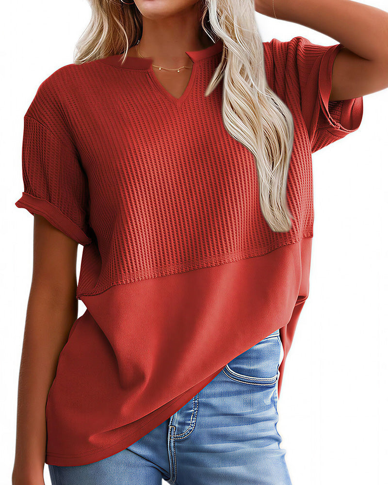 Willluxe® Casual V-Neck Textured Panel T-Shirt