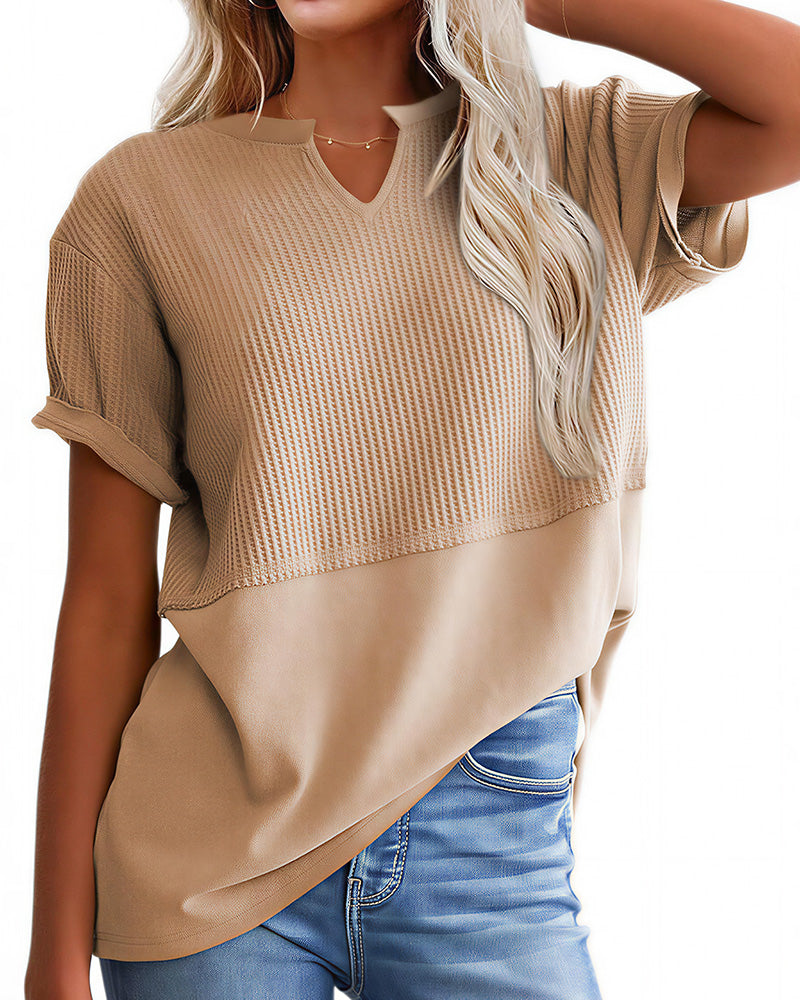 Willluxe® Casual V-Neck Textured Panel T-Shirt