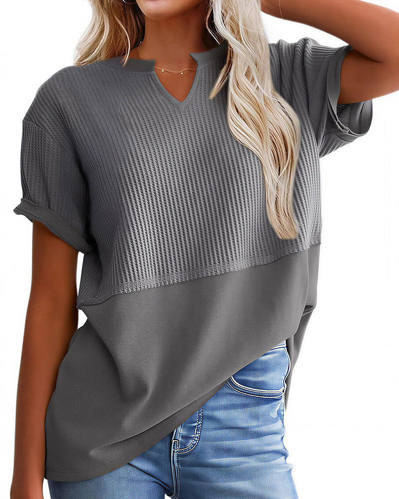 Willluxe® Casual V-Neck Textured Panel T-Shirt