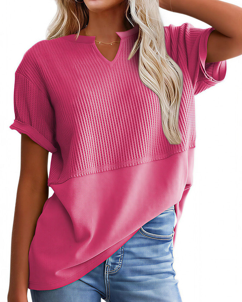 Willluxe® Casual V-Neck Textured Panel T-Shirt
