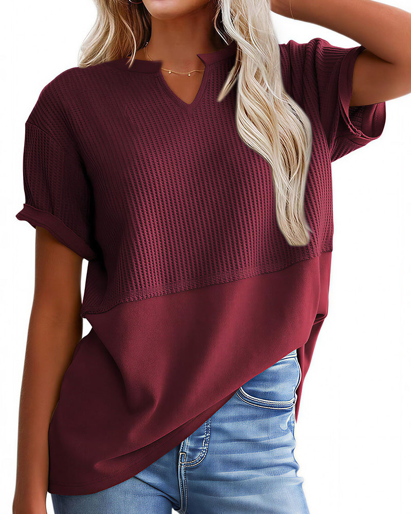 Willluxe® Casual V-Neck Textured Panel T-Shirt