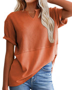 Willluxe® Casual V-Neck Textured Panel T-Shirt