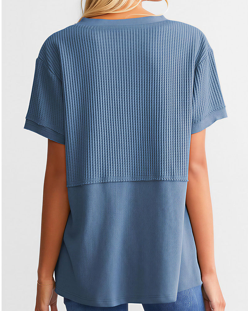 Willluxe® Casual V-Neck Textured Panel T-Shirt