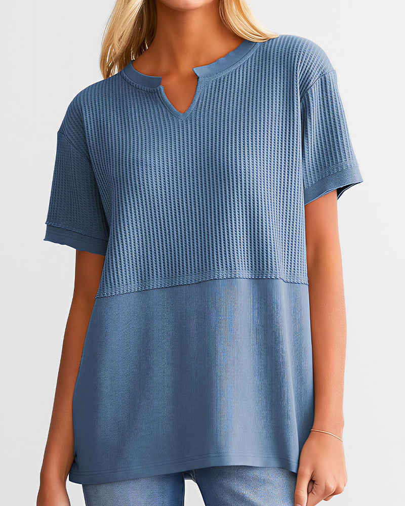 Willluxe® Casual V-Neck Textured Panel T-Shirt