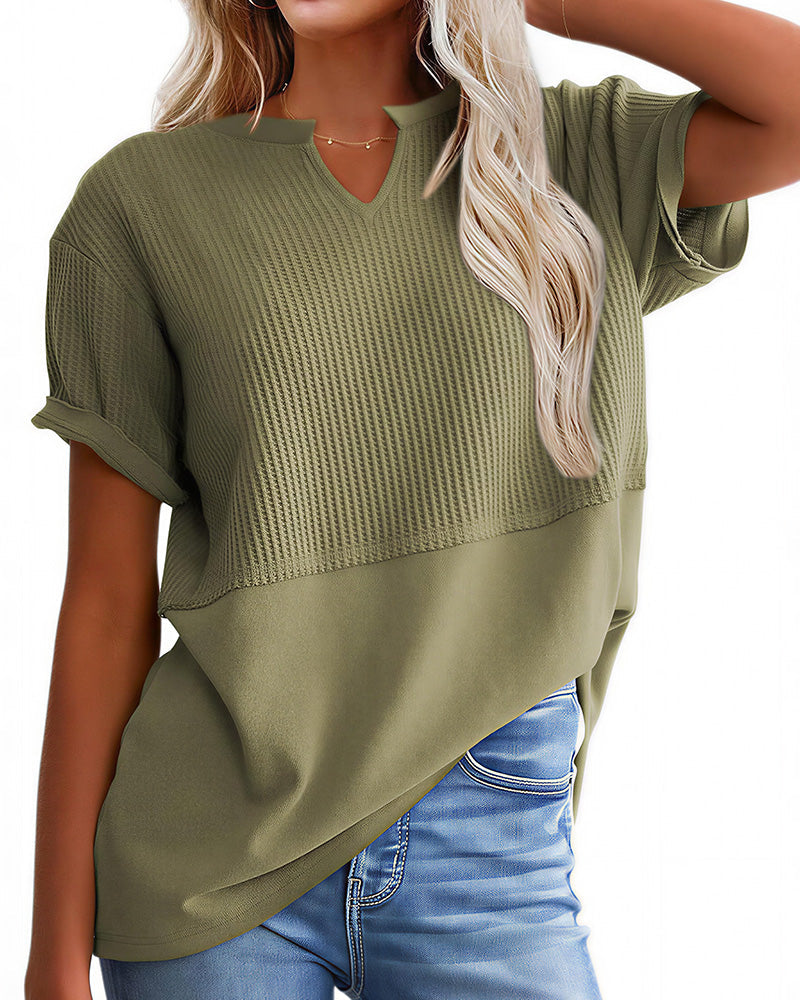 Willluxe® Casual V-Neck Textured Panel T-Shirt