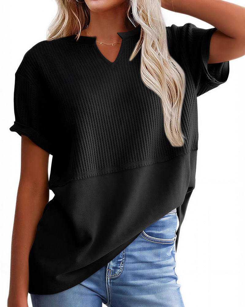 Willluxe® Casual V-Neck Textured Panel T-Shirt