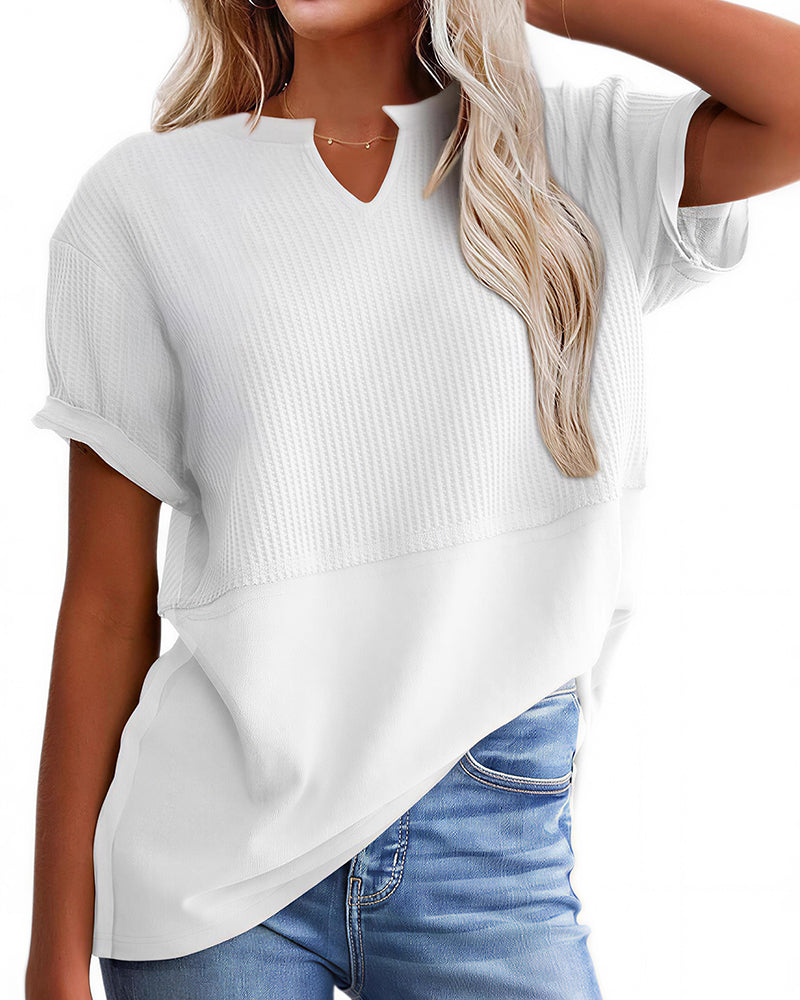 Willluxe® Casual V-Neck Textured Panel T-Shirt