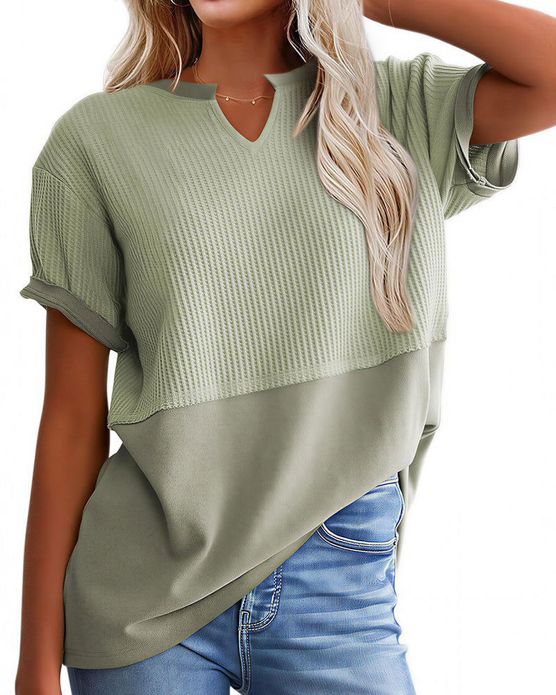 Willluxe® Casual V-Neck Textured Panel T-Shirt