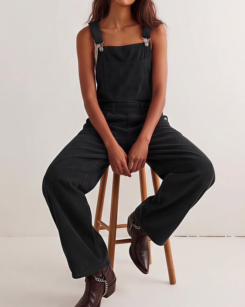 Willluxe® Corduroy Wide-Leg Bib Overalls with Pockets