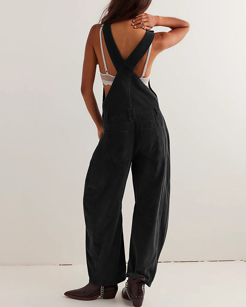 Willluxe® Corduroy Wide-Leg Bib Overalls with Pockets
