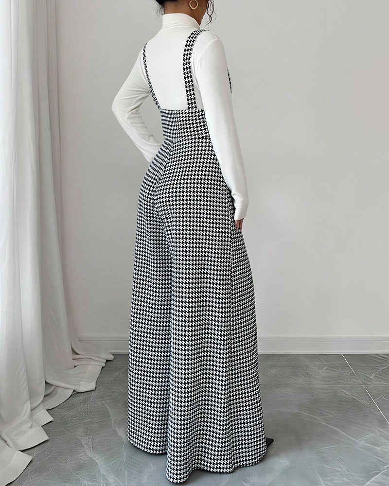 Willluxe® Houndstooth High-Waisted Wide Leg Suspender Pants