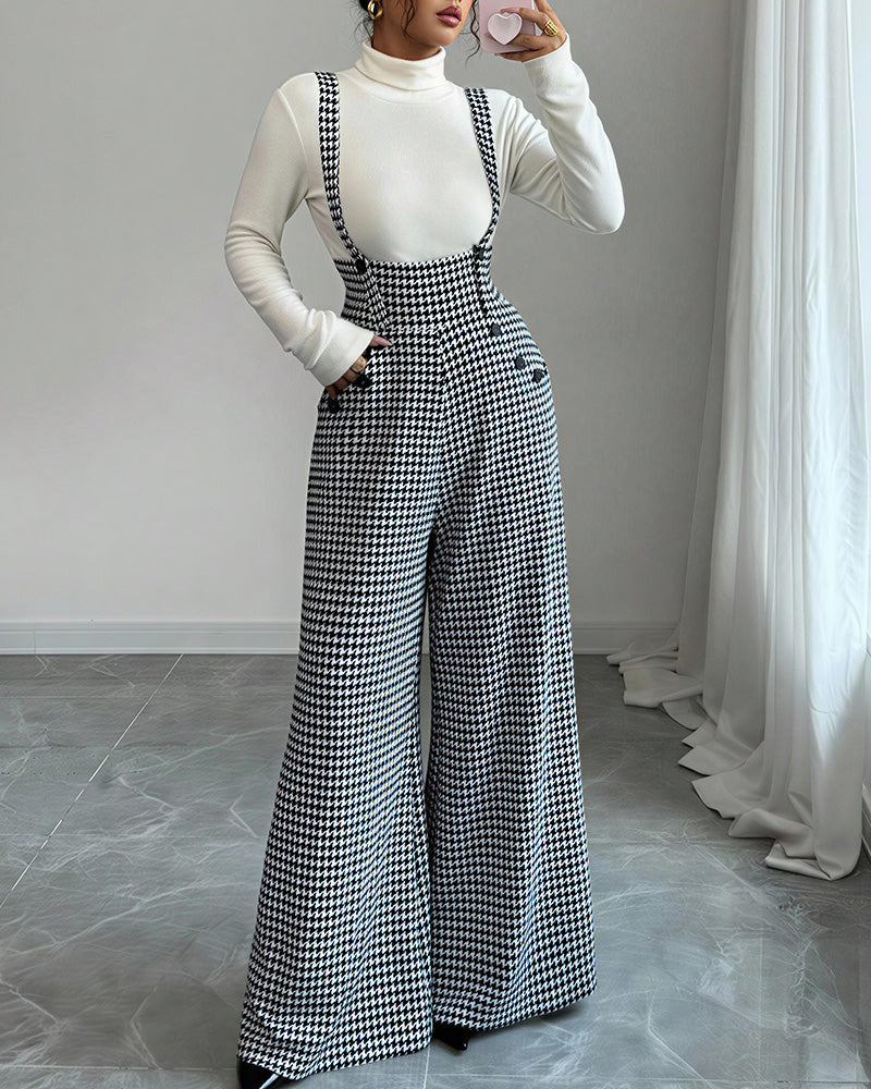 Willluxe® Houndstooth High-Waisted Wide Leg Suspender Pants