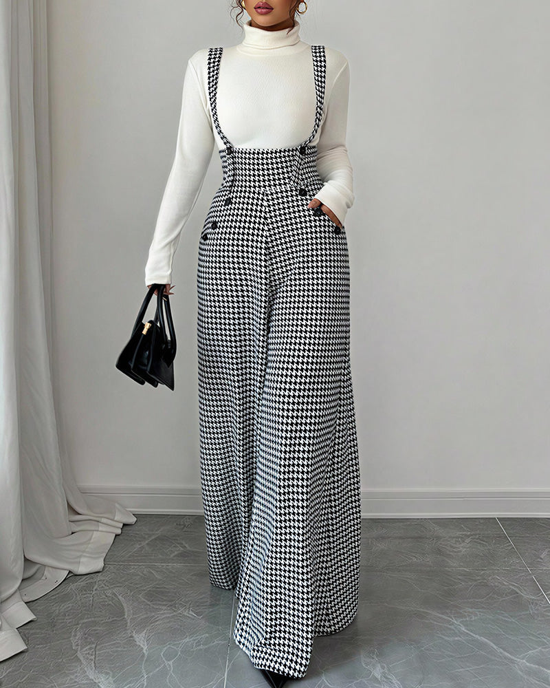 Willluxe® Houndstooth High-Waisted Wide Leg Suspender Pants