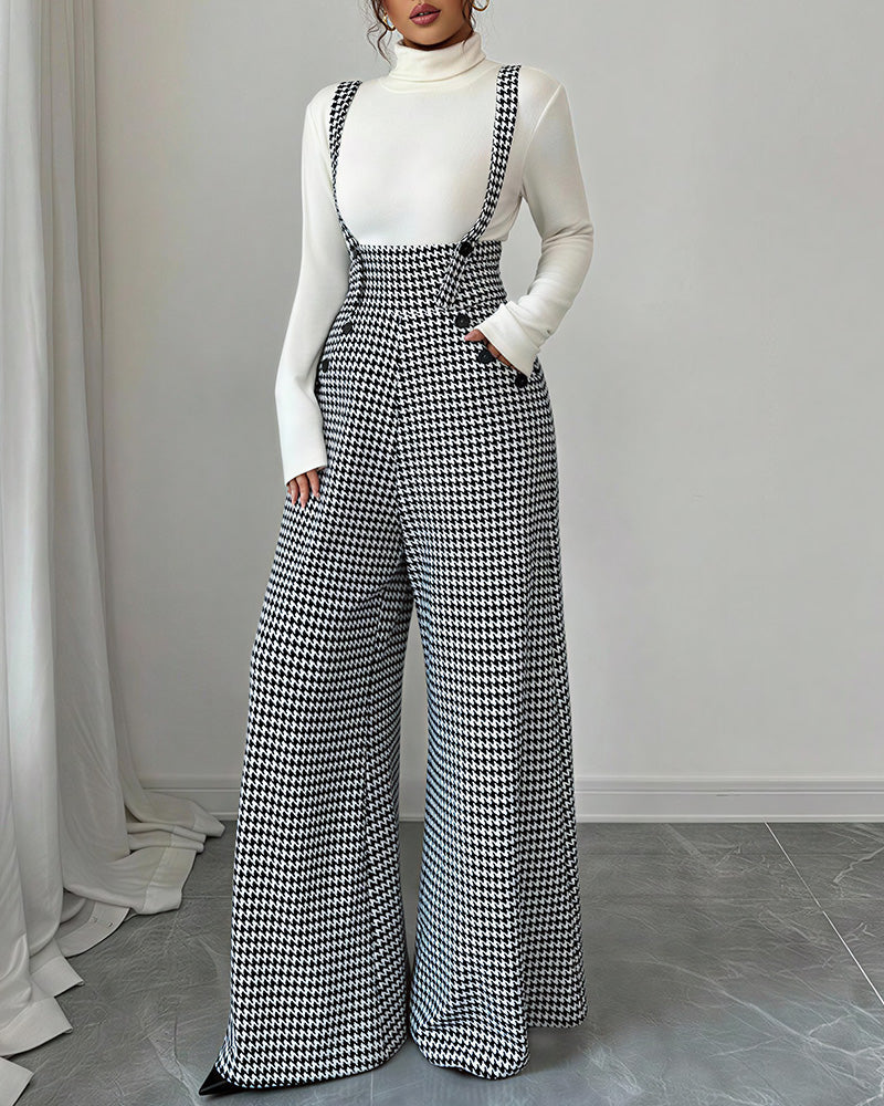 Willluxe® Houndstooth High-Waisted Wide Leg Suspender Pants