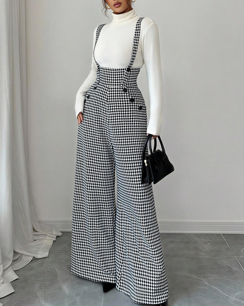 Willluxe® Houndstooth High-Waisted Wide Leg Suspender Pants