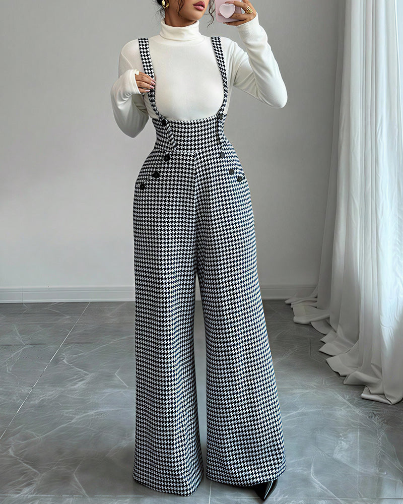 Willluxe® Houndstooth High-Waisted Wide Leg Suspender Pants