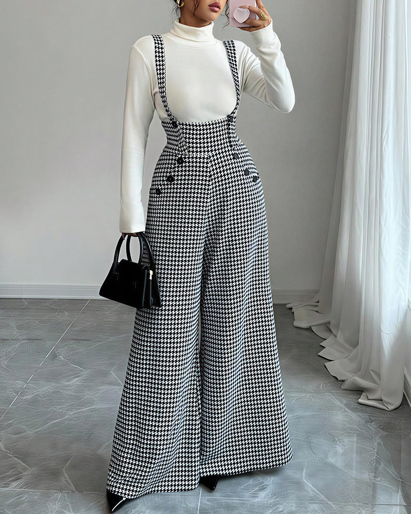 Willluxe® Houndstooth High-Waisted Wide Leg Suspender Pants
