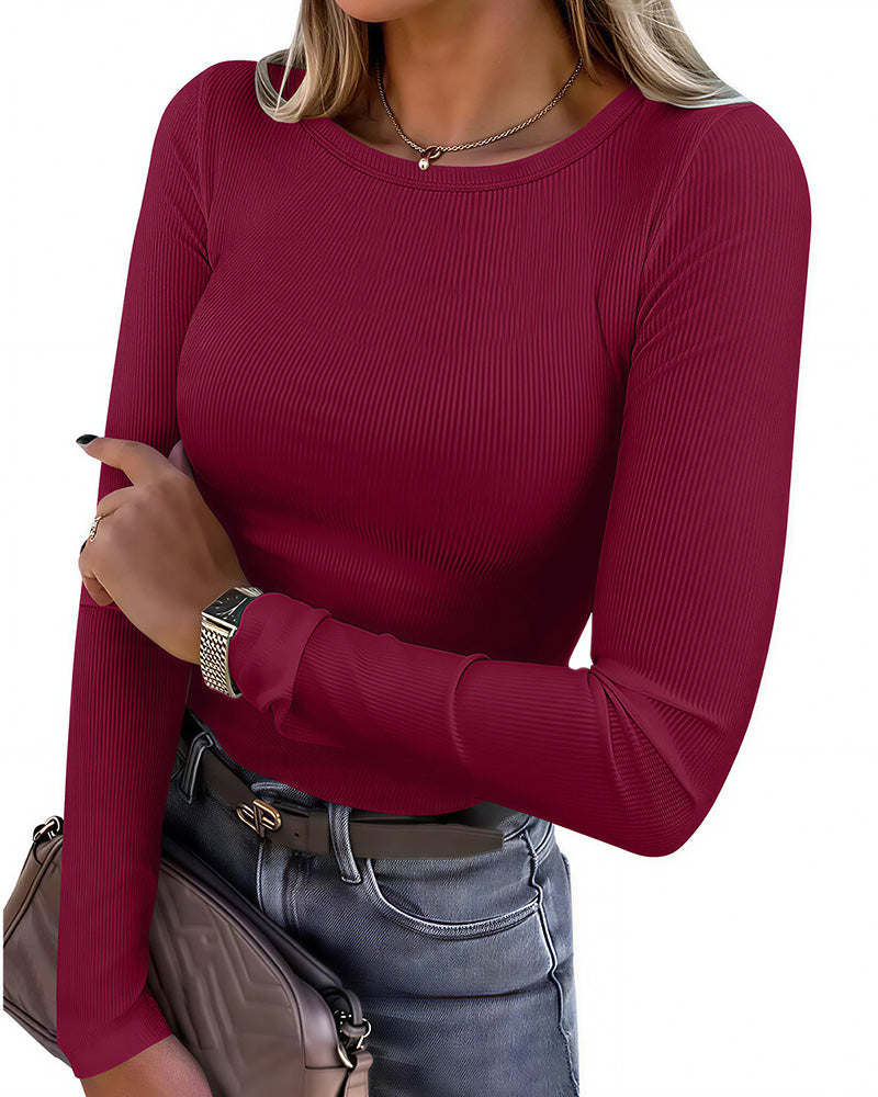 Willluxe® Essential Ribbed Long Sleeve Crewneck Top