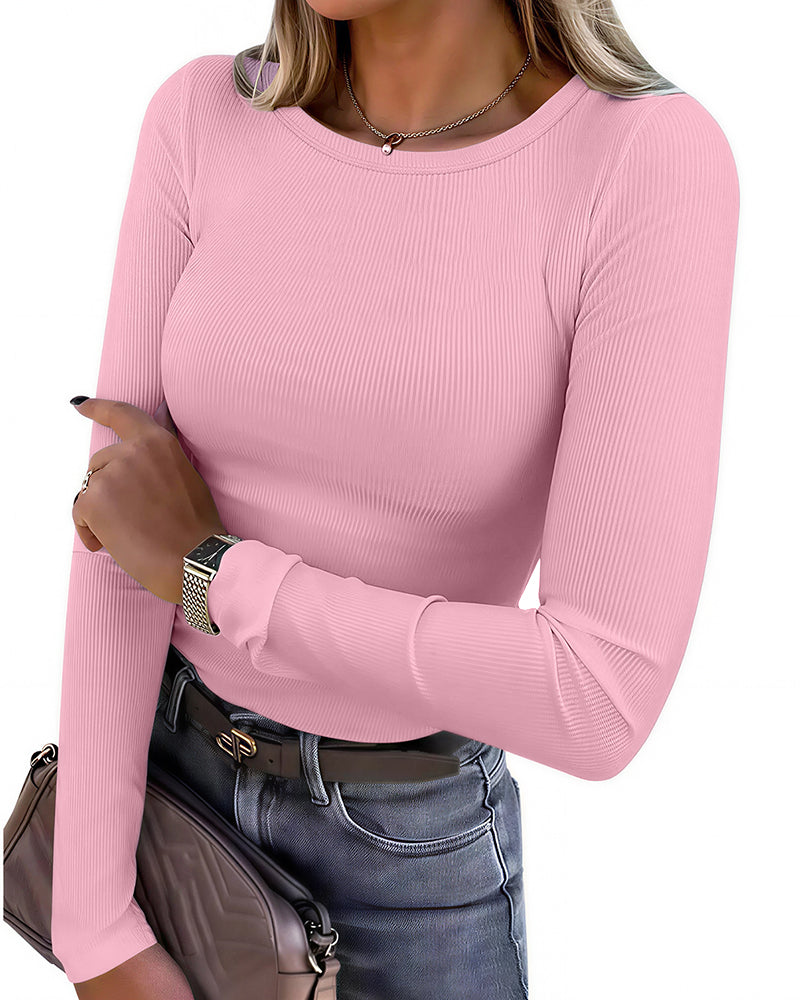 Willluxe® Essential Ribbed Long Sleeve Crewneck Top