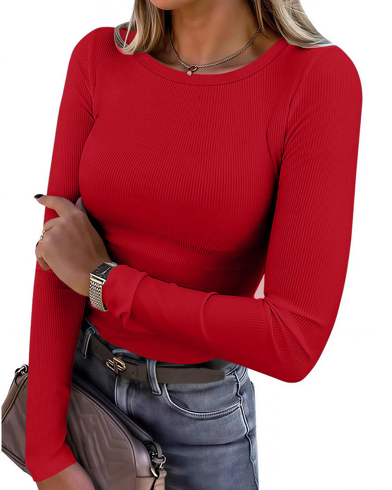 Willluxe® Essential Ribbed Long Sleeve Crewneck Top