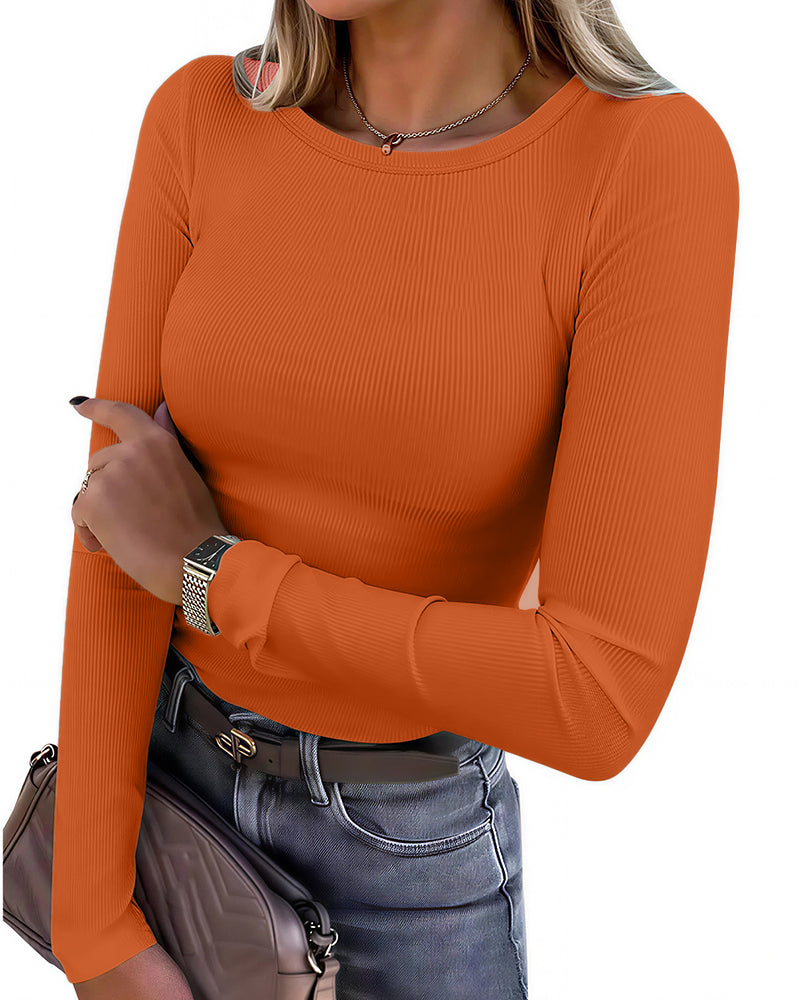 Willluxe® Essential Ribbed Long Sleeve Crewneck Top