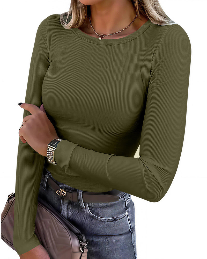 Willluxe® Essential Ribbed Long Sleeve Crewneck Top