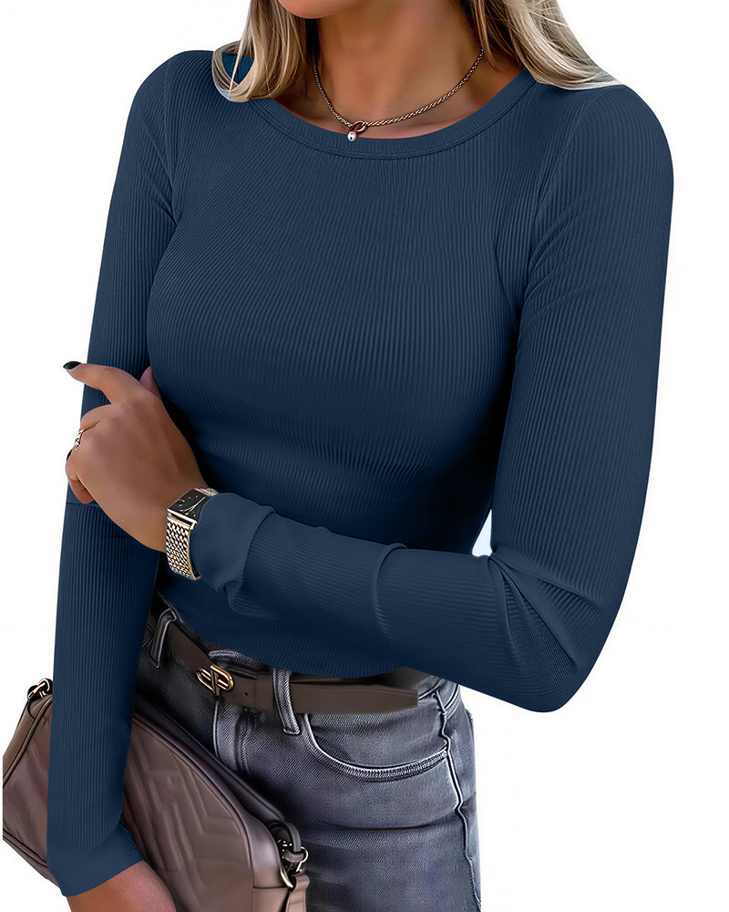 Willluxe® Essential Ribbed Long Sleeve Crewneck Top
