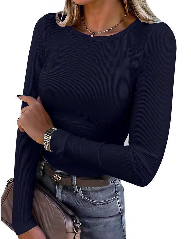 Willluxe® Essential Ribbed Long Sleeve Crewneck Top