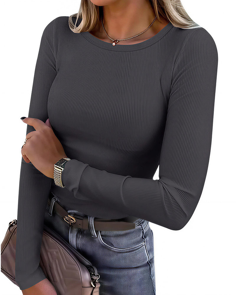 Willluxe® Essential Ribbed Long Sleeve Crewneck Top