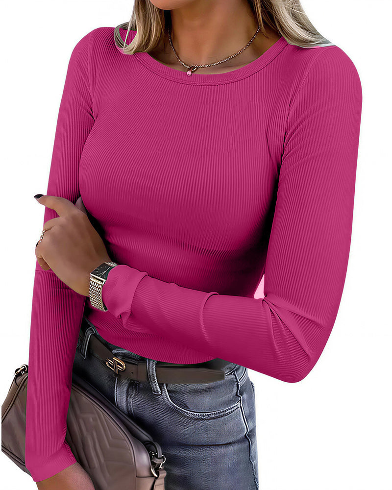 Willluxe® Essential Ribbed Long Sleeve Crewneck Top