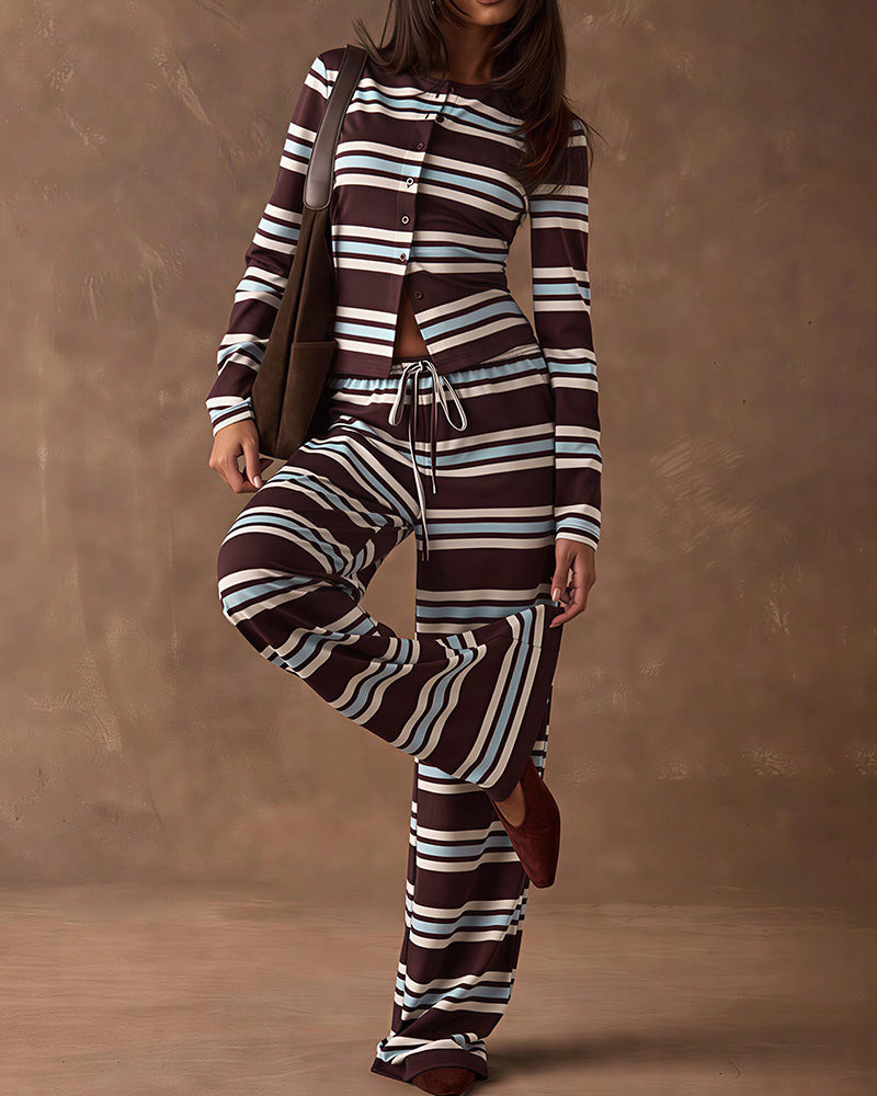 Willluxe® Cozy Vintage Striped Button-Up & Pant Set