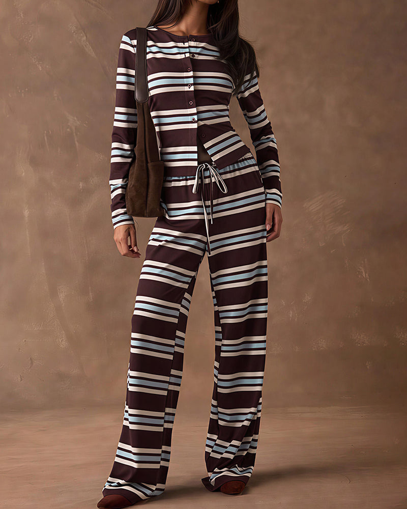 Willluxe® Cozy Vintage Striped Button-Up & Pant Set