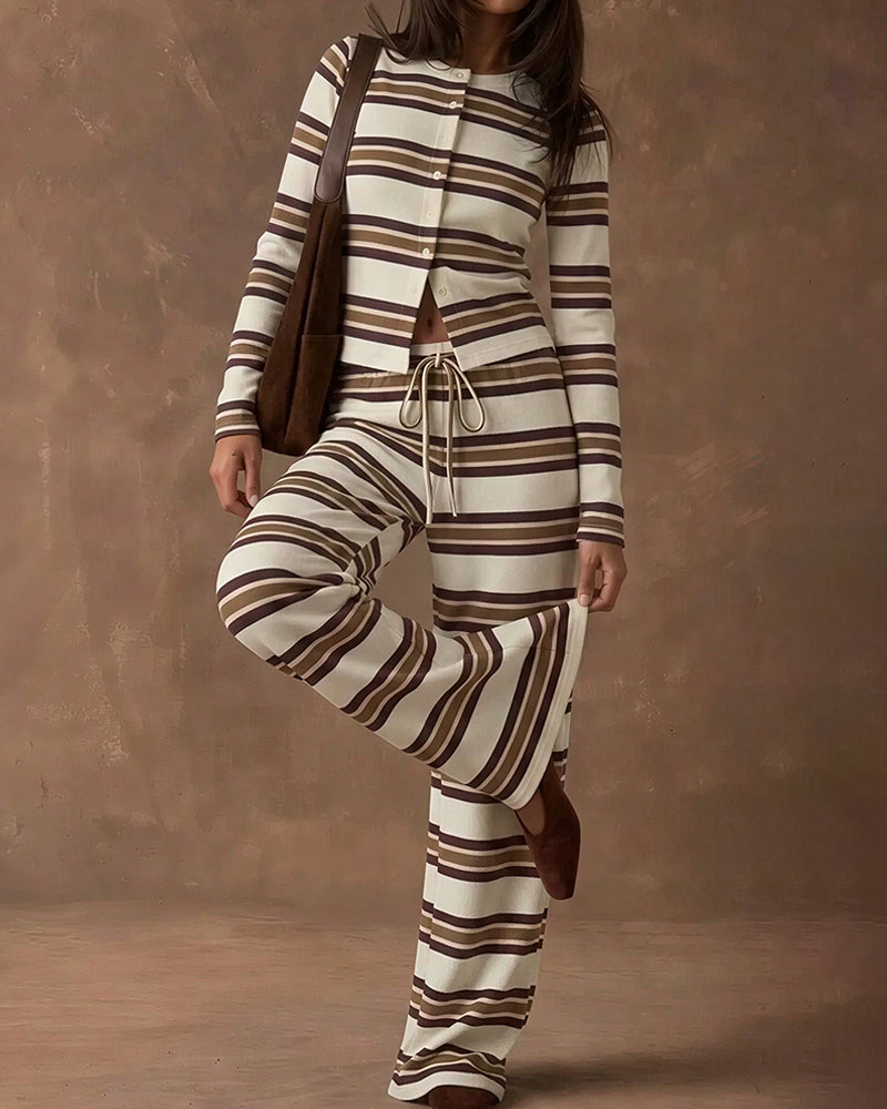 Willluxe® Cozy Vintage Striped Button-Up & Pant Set