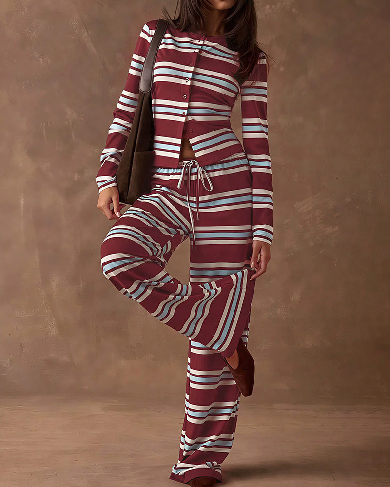Willluxe® Cozy Vintage Striped Button-Up & Pant Set