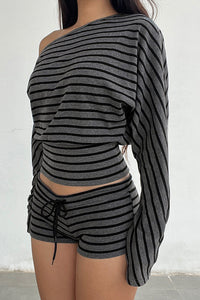Willluxe® Slouchy Striped Off-Shoulder Crop Top Set