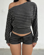 Willluxe® Slouchy Striped Off-Shoulder Crop Top Set