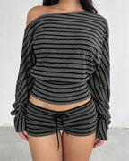 Willluxe® Slouchy Striped Off-Shoulder Crop Top Set