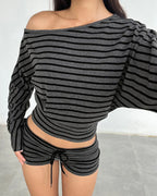 Willluxe® Slouchy Striped Off-Shoulder Crop Top Set