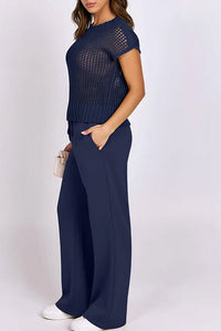 Willluxe® Open-Knit Lounge Set | Wide Leg Pants & Short Sleeve Top