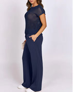 Willluxe® Open-Knit Lounge Set | Wide Leg Pants & Short Sleeve Top