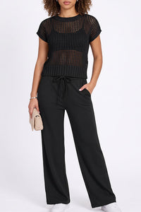 Willluxe® Open-Knit Lounge Set | Wide Leg Pants & Short Sleeve Top