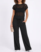 Willluxe® Open-Knit Lounge Set | Wide Leg Pants & Short Sleeve Top
