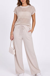 Willluxe® Open-Knit Lounge Set | Wide Leg Pants & Short Sleeve Top