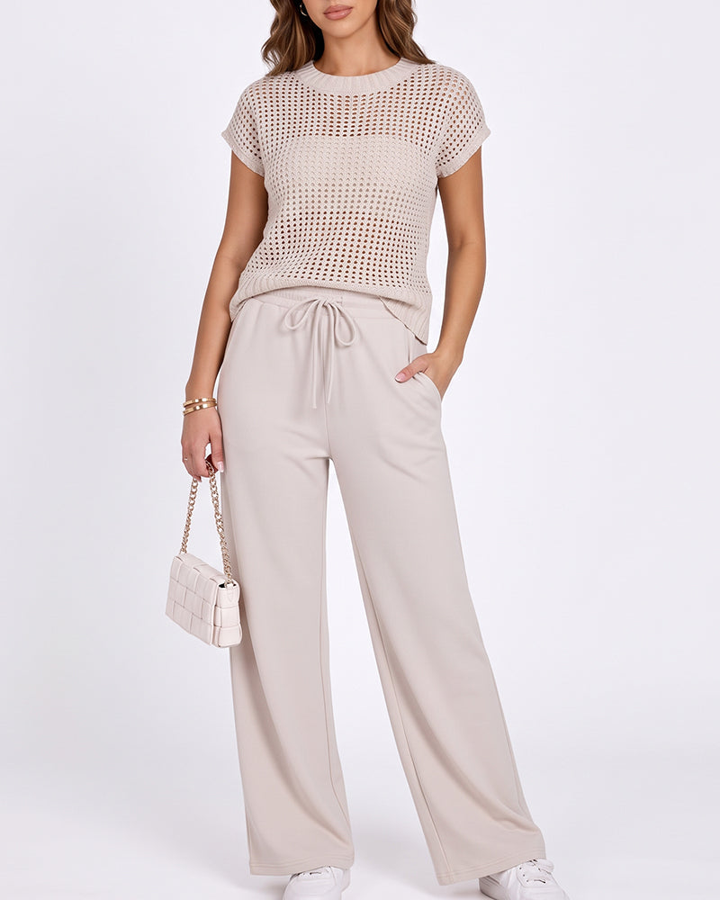 Willluxe® Open-Knit Lounge Set | Wide Leg Pants & Short Sleeve Top