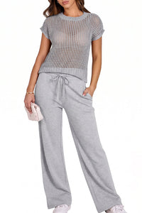 Willluxe® Open-Knit Lounge Set | Wide Leg Pants & Short Sleeve Top