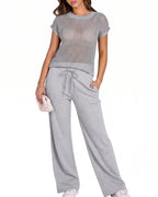 Willluxe® Open-Knit Lounge Set | Wide Leg Pants & Short Sleeve Top