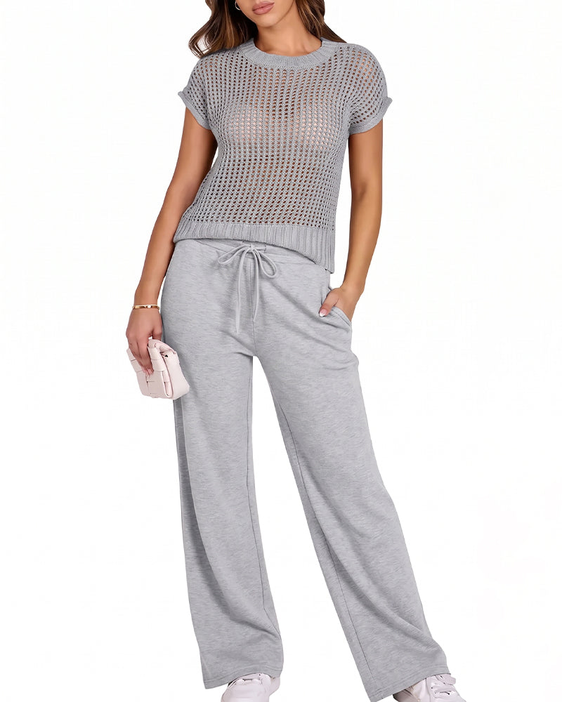 Willluxe® Open-Knit Lounge Set | Wide Leg Pants & Short Sleeve Top