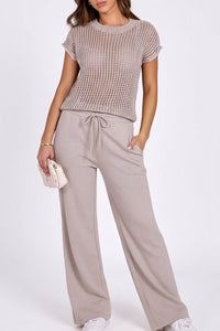 Willluxe® Open-Knit Lounge Set | Wide Leg Pants & Short Sleeve Top