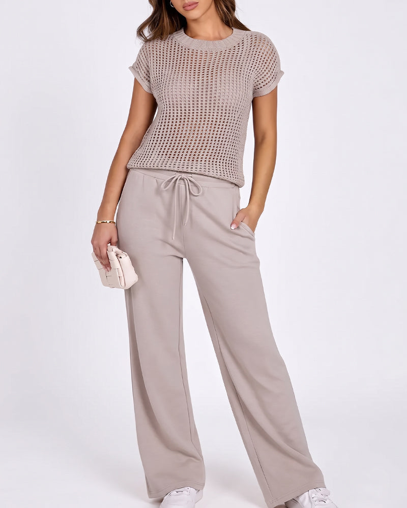 Willluxe® Open-Knit Lounge Set | Wide Leg Pants & Short Sleeve Top