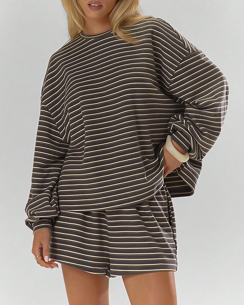 Willluxe® Oversized Striped Long Sleeve & Wide Leg Shorts Lounge Set